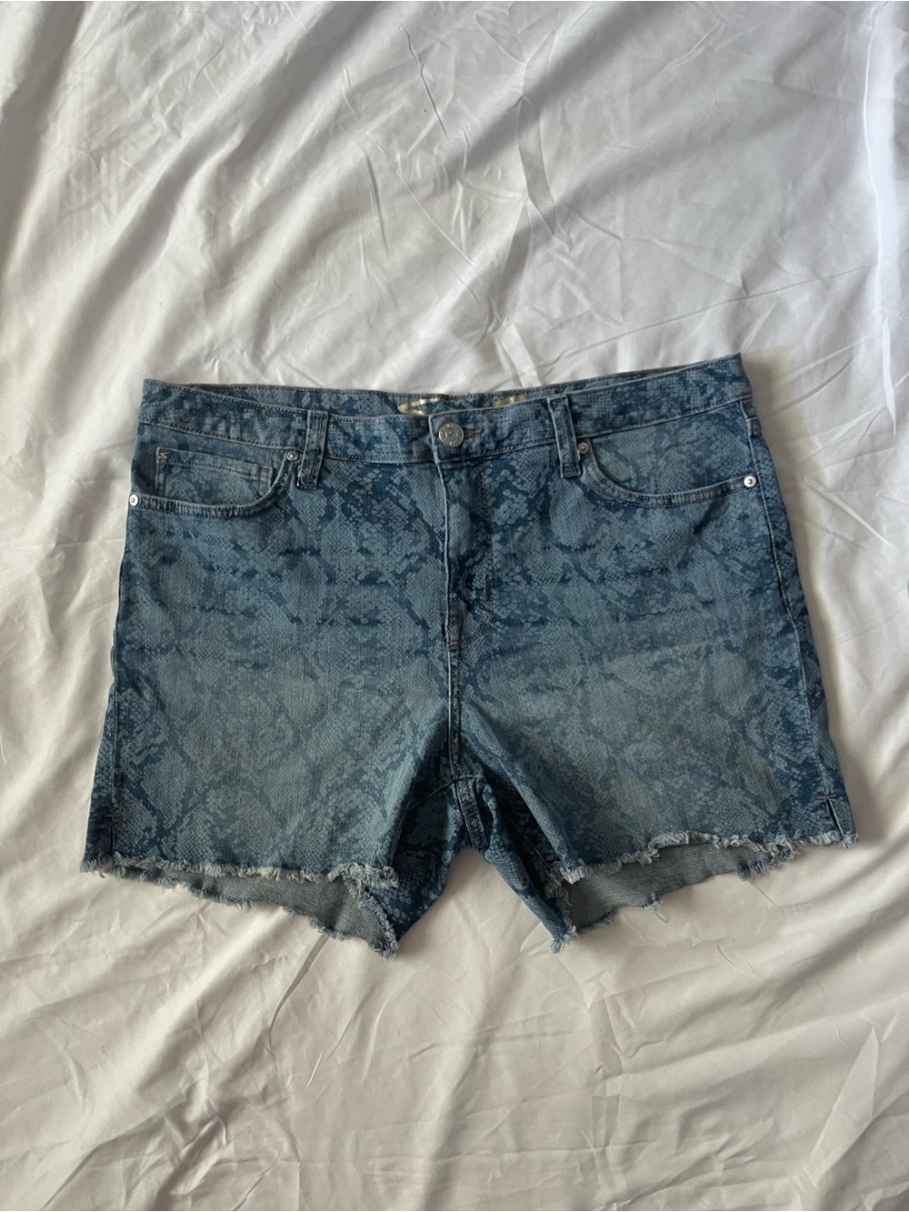 Seven7 Blue Snake-Print Denim Cutoff Shorts